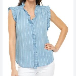 Cupid chambray denim striped ruffled sleeveless top size M
